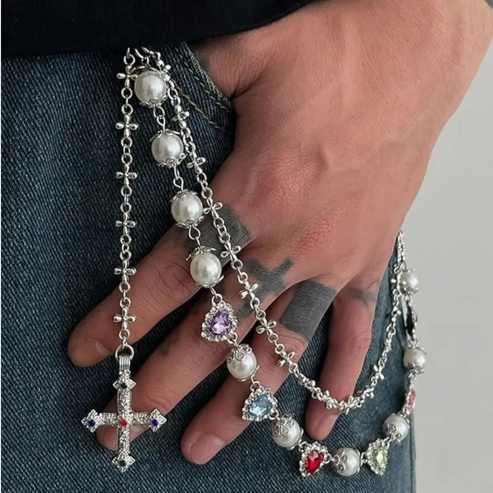 Pearl Cross Heart Pants Chain Gothic Y2K Skater Grunge Wallet Jean Chain